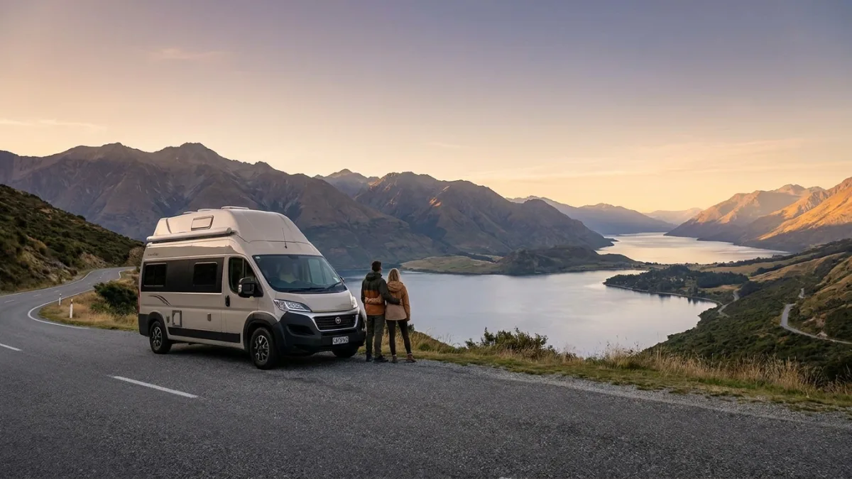 A comfortable campervan driving through scenic New Zealand mountains and lakes.
